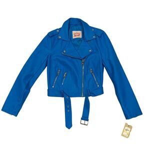 Levi’s Blue Faux Leather Moto Jacket Belted Hem NWT (Women’s S)